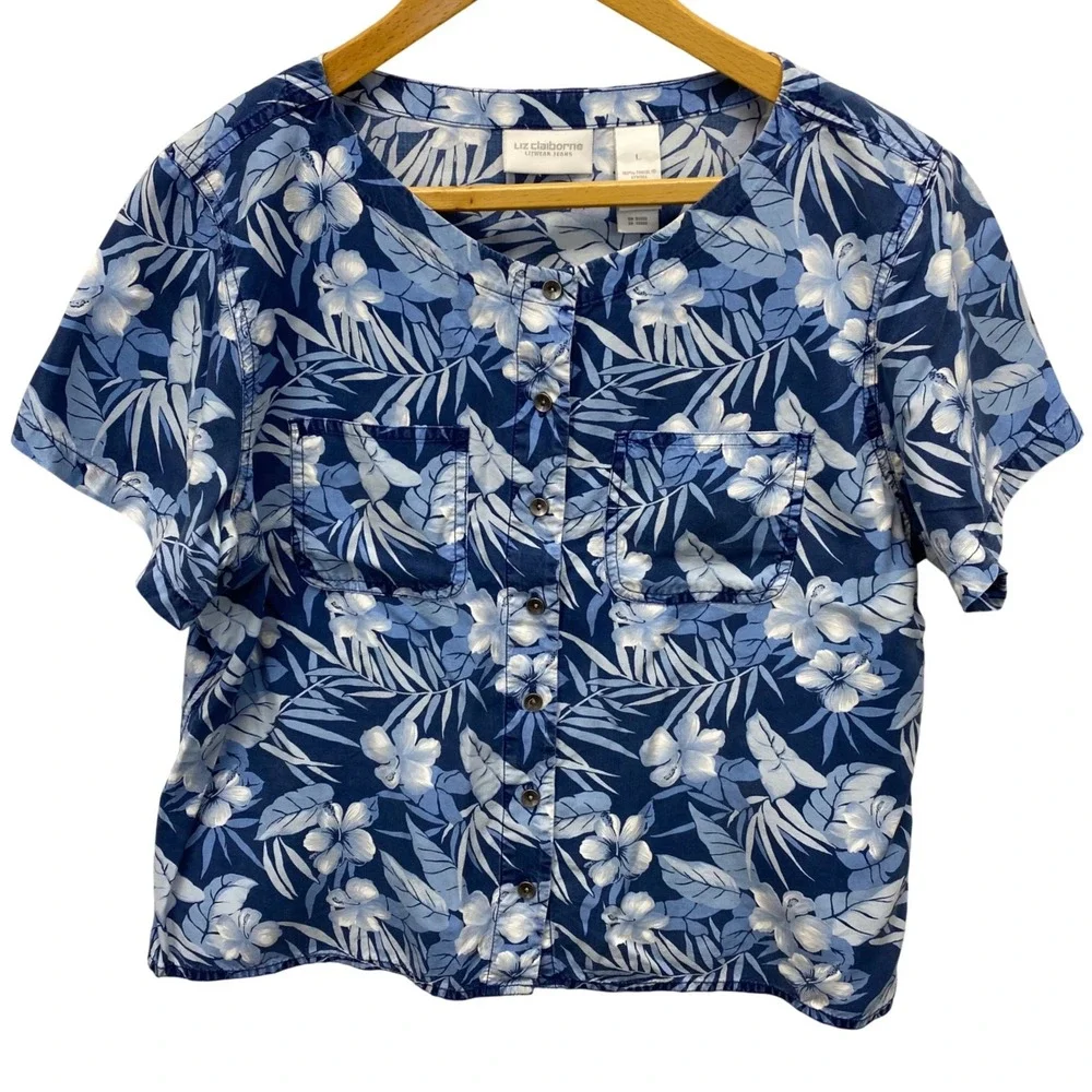 Liz Claiborne Lizwear Jeans Tropical Floral Top Womens Large Blue Tencel VTG Y2K